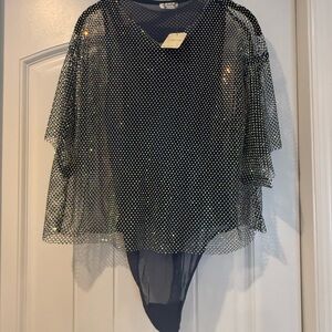Free People Intimately blue bodysuit with mesh/gem overlay